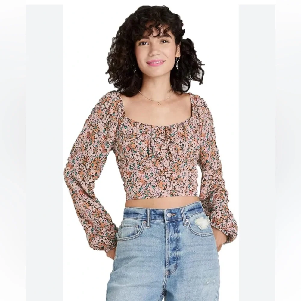 Wild Fable Long Sleeve Bohemian Floral Crop Top Womens Peach/Brown Size XS
